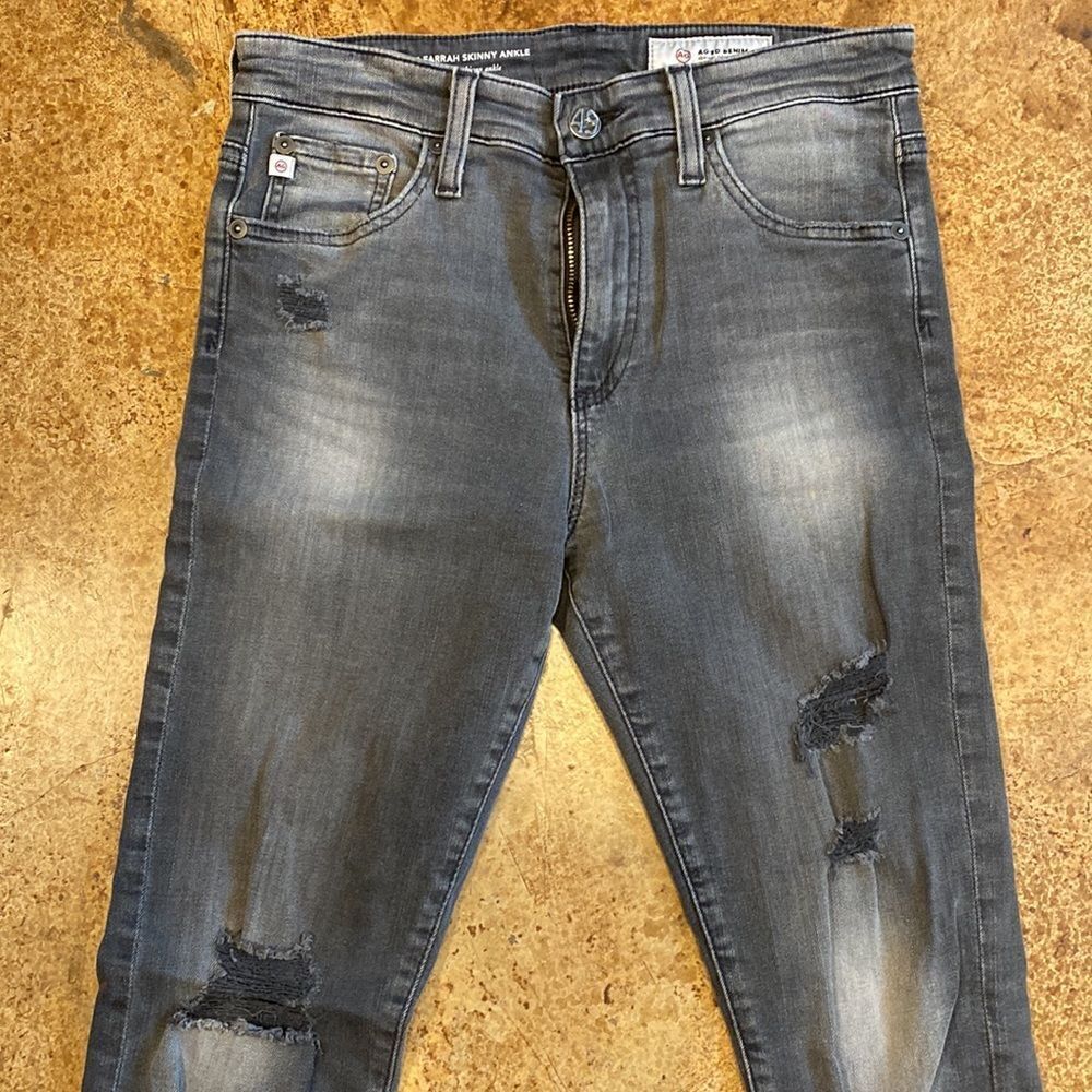 Adriano Goldschmied grey distressed Farrah skinny high rise ankle cropped pants